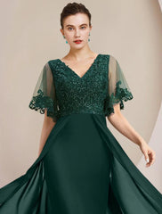 Aimishang  Sheath / Column Mother of the Bride Dress Formal Wedding Guest Elegant V Neck Floor Length Chiffon Lace Tulle Short Sleeve with Sequin Appliques