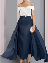 Aimishang A-Line Mother of the Bride Dress Wedding Guest Elegant Off Shoulder Ankle Length Stretch Fabric Short Sleeve with Crystal Brooch Ruching