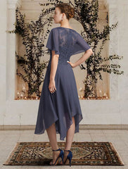 Aimishang A-Line Mother of the Bride Dress Elegant High Low Jewel Neck Asymmetrical Tea Length Chiffon Lace Short Sleeve with Appliques