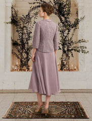 Aimishang  Two Piece A-Line Mother of the Bride Dress Church Elegant Jewel Neck Floor Length Tea Length Chiffon Lace Sleeveless Short Jacket Dresses with Ruffles Appliques