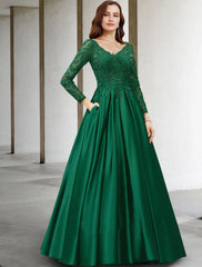 Aimishang A-Line Mother of the Bride Dress Luxurious Elegant V Neck Floor Length Chiffon Lace Long Sleeve with Pleats Appliques