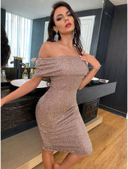 Prom Dresses Vintage Dress Homecoming Short Sleeve Off Shoulder Sequined Backless V Back with Sequin Slit