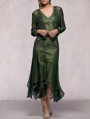 Two Piece A-Line Mother of the Bride Dress Formal Wedding Guest Elegant V Neck Tea Length Chiffon Sequined Long Sleeve Jacket Dresses with Pleats Crystals