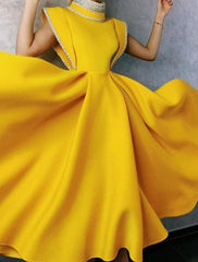 A-Line Elegant Vintage Party Wear Formal Evening Dress High Neck Sleeveless Tea Length Stretch Fabric with Beading