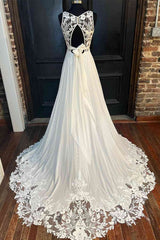 Cutout Lace Back White Straps Long Wedding Dress