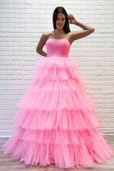 A-line Strapless Pleated Multi-Layers Tulle Long Prom Dress