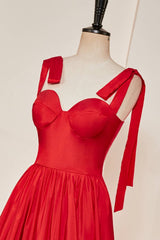 Tie Straps Red Corset A-Line Long Prom Dress