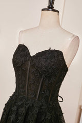 Sweetheart Black Corset Lace-Up Long Prom Dress with Appliques
