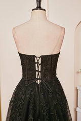 Sweetheart Black Corset Lace-Up Long Prom Dress with Appliques