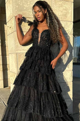 Tie Straps Light Blue Plunging Neck Layered Prom Dress with Appliques