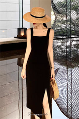 Black Sqare-Neck Tight Party Dress with Slit
