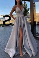 V-Neck Pink A-Line Stain Prom Dress with Slit