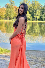 Orange V-Neck Mermaid Prom Dress with Lace-up Back