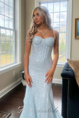 Straps Blue Sweetheart Sequin Beaded Mermaid Prom Dress