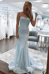 Straps Blue Sweetheart Sequin Beaded Mermaid Prom Dress