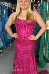 Straps Blue Sweetheart Sequin Beaded Mermaid Prom Dress