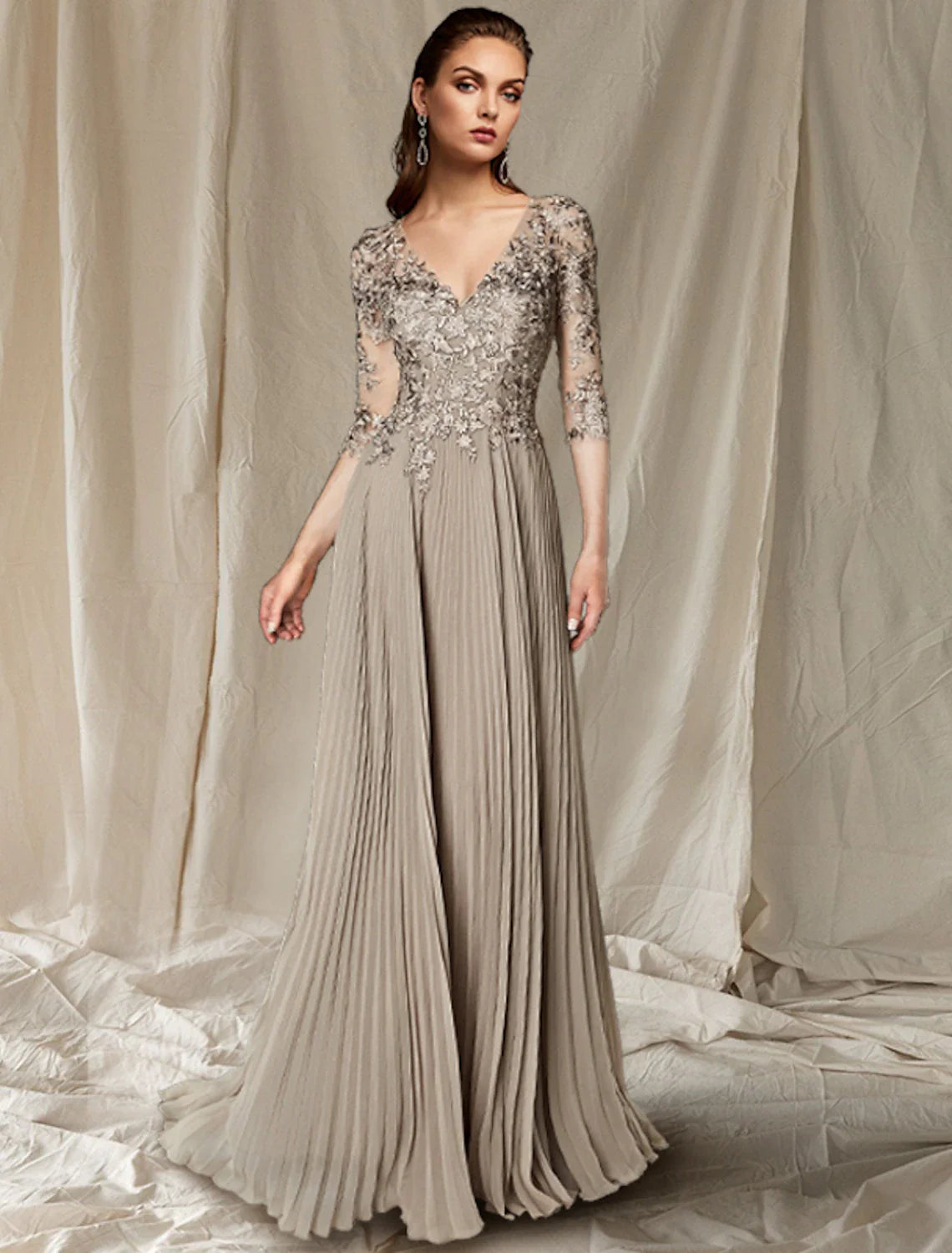Aimishang A-Line Mother of the Bride Dress Wedding Guest Plus Size Elegant V Neck Floor Length Chiffon Lace Half Sleeve with Pleats Appliques