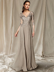 Aimishang A-Line Mother of the Bride Dress Wedding Guest Plus Size Elegant V Neck Floor Length Chiffon Lace Half Sleeve with Pleats Appliques
