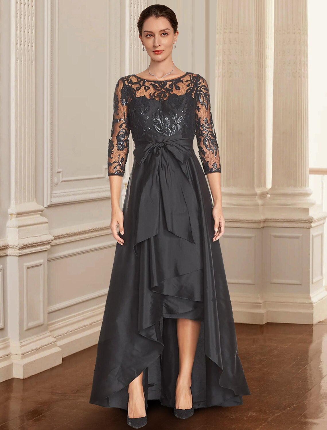 Aimishang  A-Line Mother of the Bride Dress Formal Wedding Guest Elegant Black Dress Jewel Neck Asymmetrical Lace Italy Satin 3/4 Length Sleeve with Lace Bow(s) Sequin