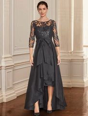 Aimishang  A-Line Mother of the Bride Dress Formal Wedding Guest Elegant Black Dress Jewel Neck Asymmetrical Lace Italy Satin 3/4 Length Sleeve with Lace Bow(s) Sequin