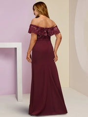 Plus Size Curve Mother of the Bride Dress Wedding Guest Party Elegant Off Shoulder Floor Length Chiffon Lace Short Sleeve with Sequin
