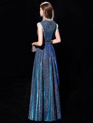 A-Line Elegant Shine Formal Evening Dress Sleeveless Floor Length Tulle with Sash Ribbon