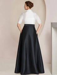 Aimishang A-Line Mother of the Bride Dress Formal Wedding Guest Party Elegant Shirt Collar Floor Length Taffeta Short Sleeve with Bow(s) Color Block