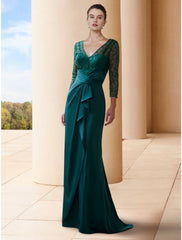 Aimishang  A-Line Mother of the Bride Dress Wedding Guest Elegant V Neck Sweep / Brush Train Stretch Chiffon 3/4 Length Sleeve with Bow(s) Sequin Ruching
