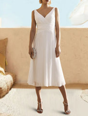 A-Line Cocktail Dresses Open Back Dress Formal Wedding Guest Tea Length Sleeveless V Neck Chiffon with Ruched Pure Color 2025
