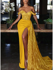 Mermaid Dress Evening Gown Red Green Dress Dress Formal Wedding Guest Court Train Sleeveless Off Shoulder Charmeuse with Ruched Sequin Slit