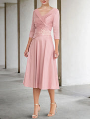 A-Line Mother of the Bride Dress Vintage Elegant V Neck Tea Length Satin Lace Half Sleeve with Appliques Side-Draped
