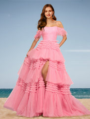 A-Line Prom Dresses Tiered Dress Wedding Party Sleeveless Off Shoulder Tulle with Slit
