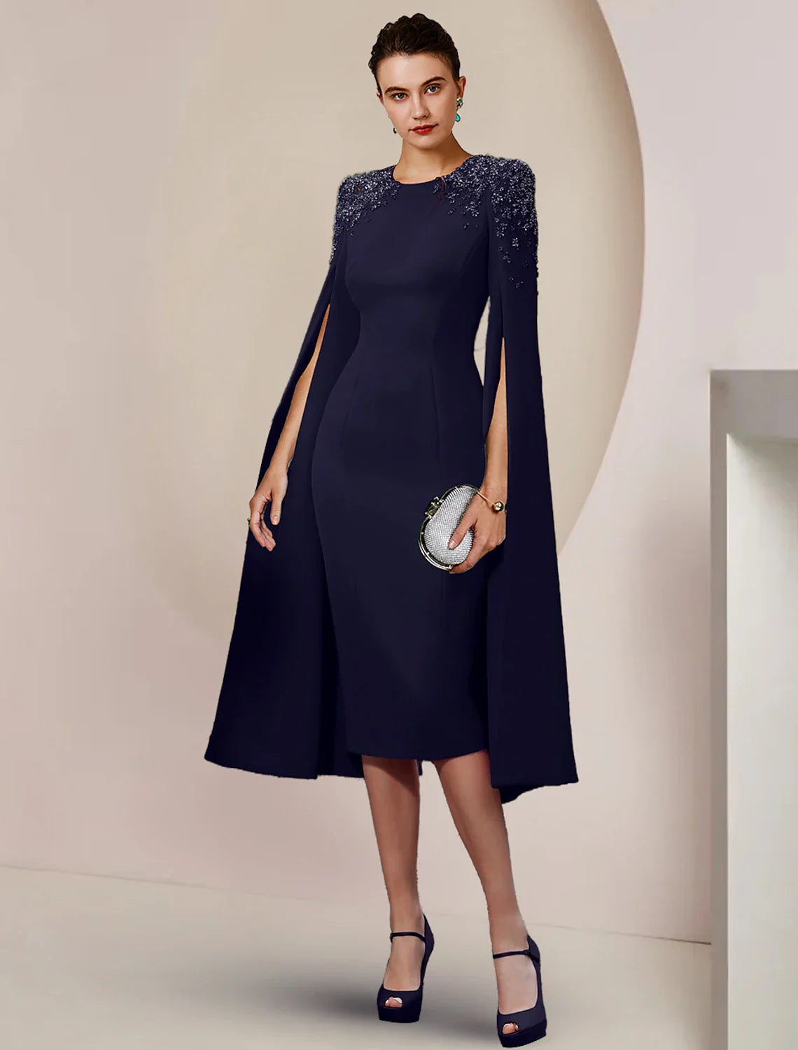 Aimishang Sheath / Column Mother of the Bride Dress Formal Wedding Guest Elegant Scoop Neck Knee Length Stretch Chiffon Long Sleeve with Beading