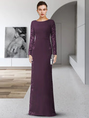 Aimishang  Sheath / Column Mother of the Bride Dress Formal Wedding Guest Party Elegant Scoop Neck Floor Length Chiffon Lace Long Sleeve with Sash / Ribbon Appliques