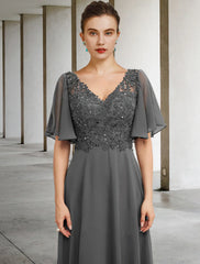 Aimishang A-Line Mother of the Bride Dress Luxurious Elegant V Neck Floor Length Chiffon Lace Short Sleeve with Beading Appliques