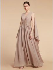 Aimishang  A-Line Mother of the Bride Dress Wedding Guest Elegant V Neck Ankle Length Chiffon Lace Sleeveless with Ruching Solid Color