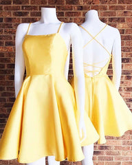 0217,charming simple yellow mini evening dresses satin racer-back women dresses spaghetti-straps fashion dress a-line homecoming dress