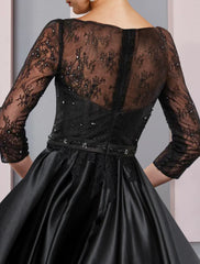 Aimishang  A-Line Mother of the Bride Dress Formal Wedding Guest Party Elegant Scoop Neck Tea Length Satin Lace 3/4 Length Sleeve with Sash / Ribbon Pleats
