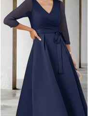 Aimishang  A-Line Mother of the Bride Dress Wedding Guest Elegant Petite V Neck Tea Length Stretch Chiffon 3/4 Length Sleeve with Bow(s) Crystals Ruching