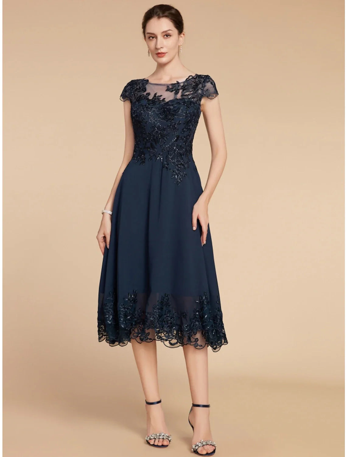 Aimishang  A-Line Mother of the Bride Dress Wedding Guest Elegant Petite Scoop Neck Tea Length Chiffon Lace Cap Sleeve with Sequin Ruching Solid Color
