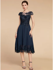 Aimishang  A-Line Mother of the Bride Dress Wedding Guest Elegant Petite Scoop Neck Tea Length Chiffon Lace Cap Sleeve with Sequin Ruching Solid Color