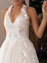 Wholesale Beach Open Back Wedding Dresses A-Line Halter Neck Sleeveless Court Train Lace Bridal Gowns With Pleats Appliques
