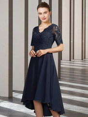 Aimishang A-Line Mother of the Bride Dress Elegant High Low V Neck Asymmetrical Tea Length Chiffon Lace Short Sleeve with Pleats Appliques