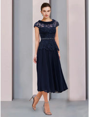 Aimishang  A-Line Mother of the Bride Dress Wedding Guest Elegant Scoop Neck Tea Length Chiffon Lace Short Sleeve with Sequin Ruching Solid Color