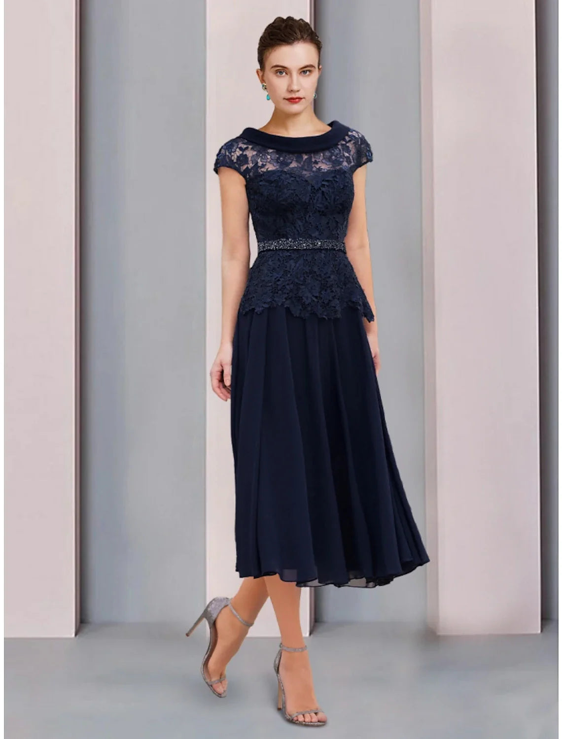 Aimishang  A-Line Mother of the Bride Dress Wedding Guest Elegant Scoop Neck Tea Length Chiffon Lace Short Sleeve with Sequin Ruching Solid Color