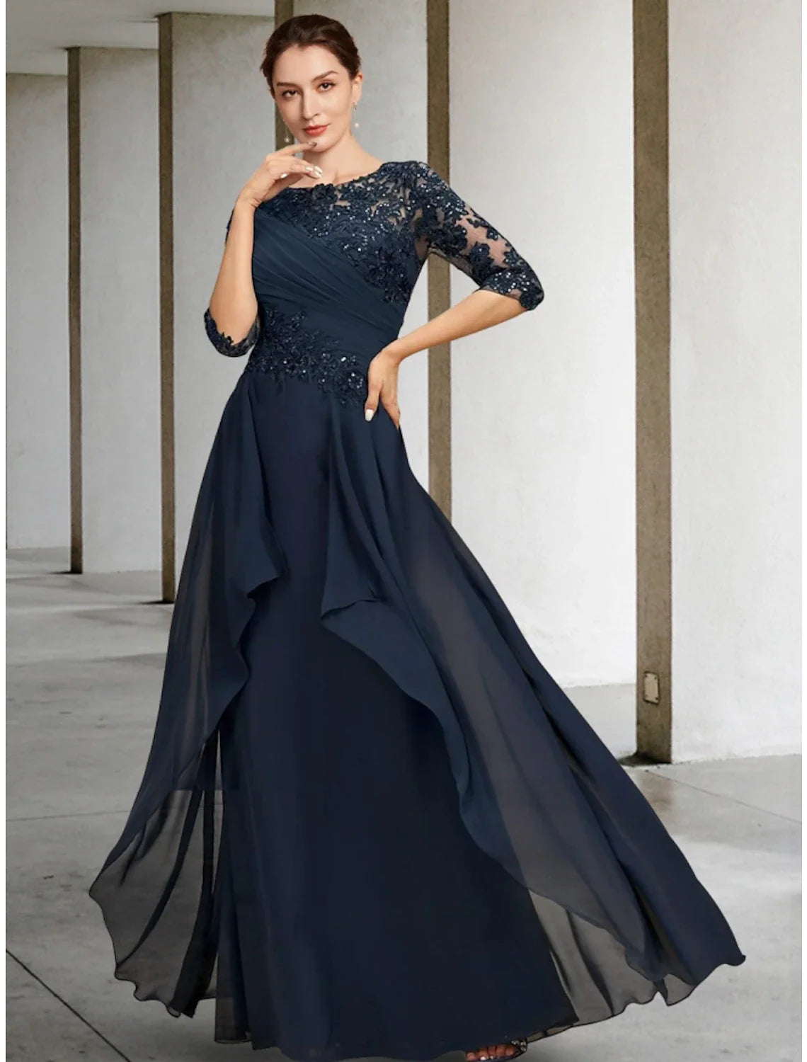 Aimishang  A-Line Mother of the Bride Dress Wedding Guest Elegant Scoop Neck Floor Length Chiffon Lace Half Sleeve with Sequin Ruching Solid Color
