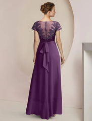 Aimishang A-Line Mother of the Bride Dress Formal Wedding Guest Party Elegant Scoop Neck Asymmetrical Tea Length Chiffon Lace Short Sleeve with Beading Sequin Appliques