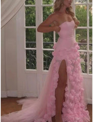A-Line Prom Dresses Elegant Dress Formal Court Train Sleeveless Strapless Tulle with Slit With Flowers