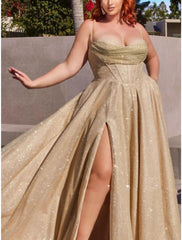 A-Line Evening Gown Elegant Dress Formal Court Train Sleeveless Spaghetti Strap Sequined with Glitter Pleats Ruched 2025