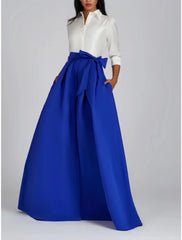 A-Line Evening Gown Party Dress Formal Wedding Guest Floor Length 3/4 Length Sleeve Shirt Collar Satin with Bow(s) Pleats